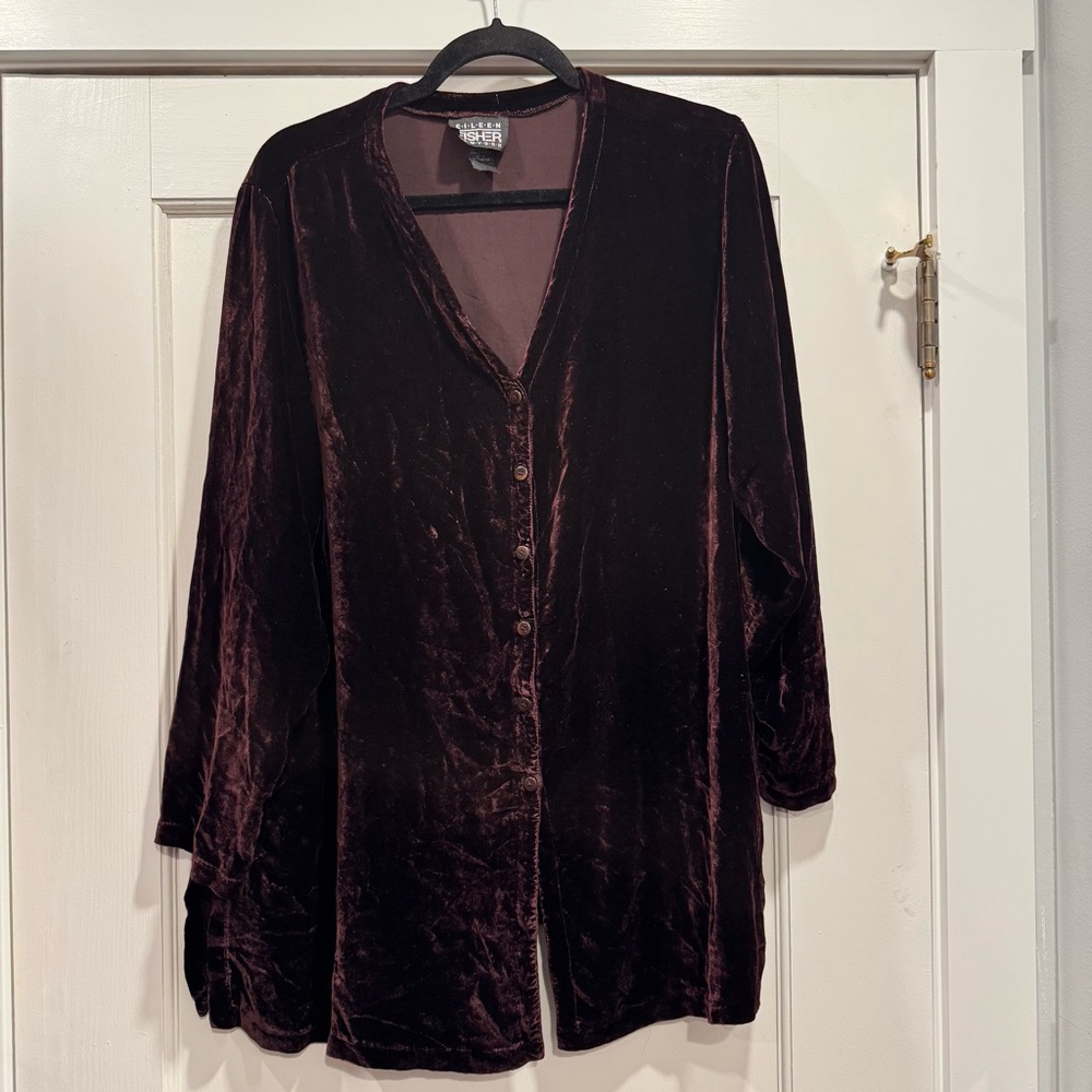VTG Eileen Fisher Burgundy Velvet Tunic Blouse Top‎ Large Spring Fairy Gothic